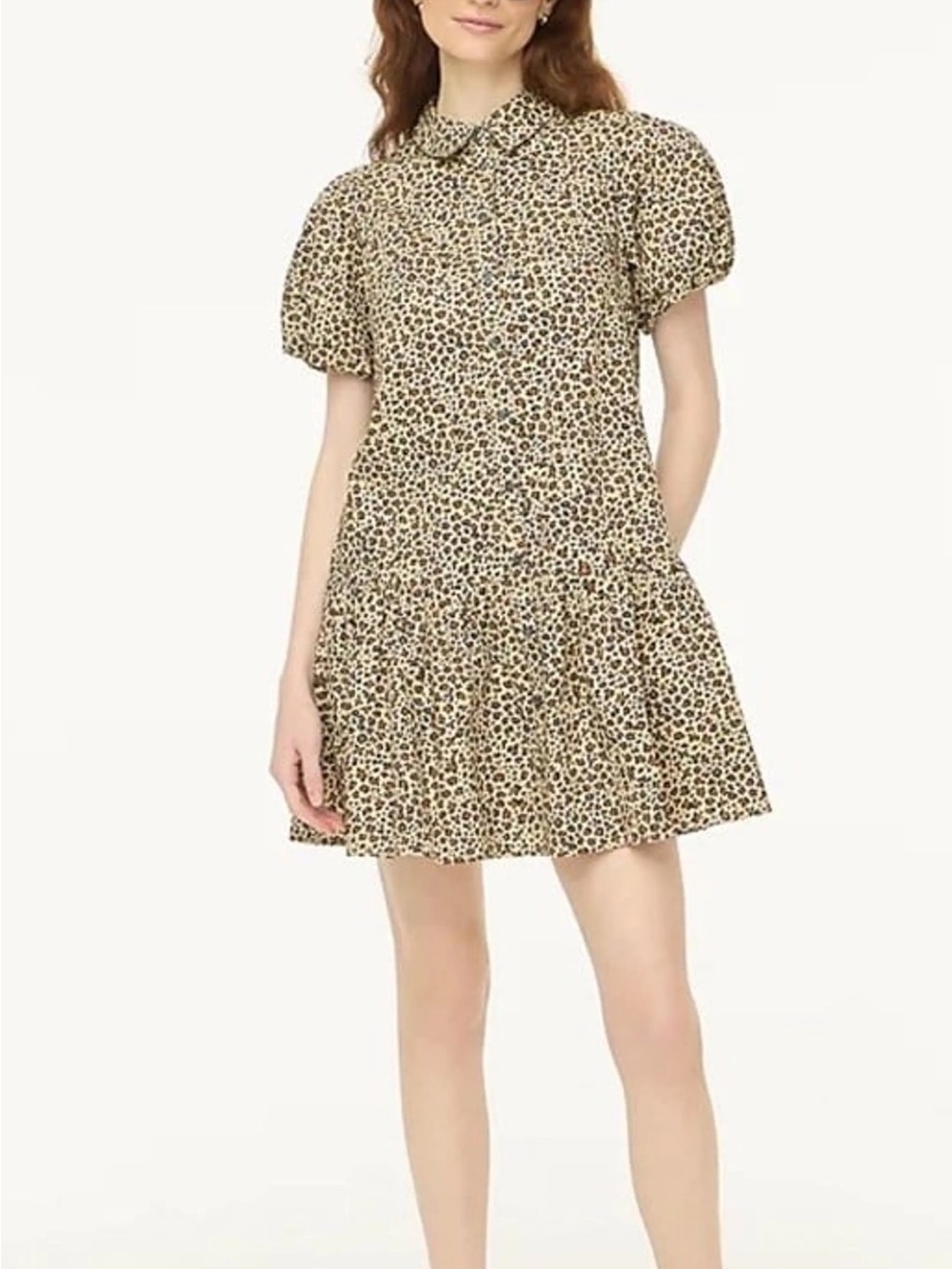 J. Crew Beige Black Leopard-Print Puff-Sleeve Button Front Dress Classic Chic 16